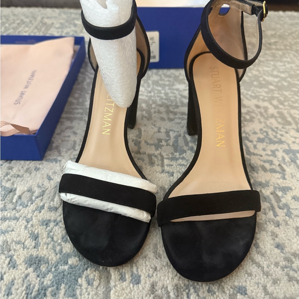 Stuart Weitzman Black Suede Nearly Nude Heels with Ankle Strap, 3”